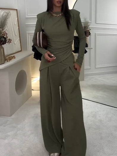 Casual Shoulder Pads Asymmetric Hem Top + Pants Suit