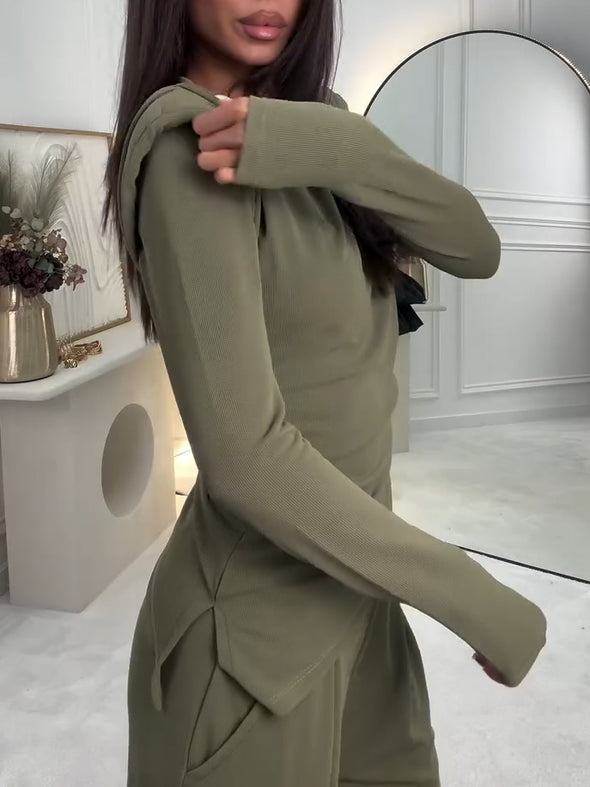 Casual Shoulder Pads Asymmetric Hem Top + Pants Suit