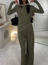 Casual Shoulder Pads Asymmetric Hem Top + Pants Suit