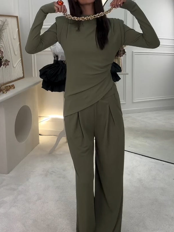 Casual Shoulder Pads Asymmetric Hem Top + Pants Suit