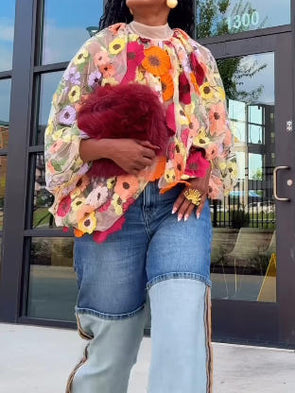 Fashion Bat Sleeve Artificial Flower Top And Jeans