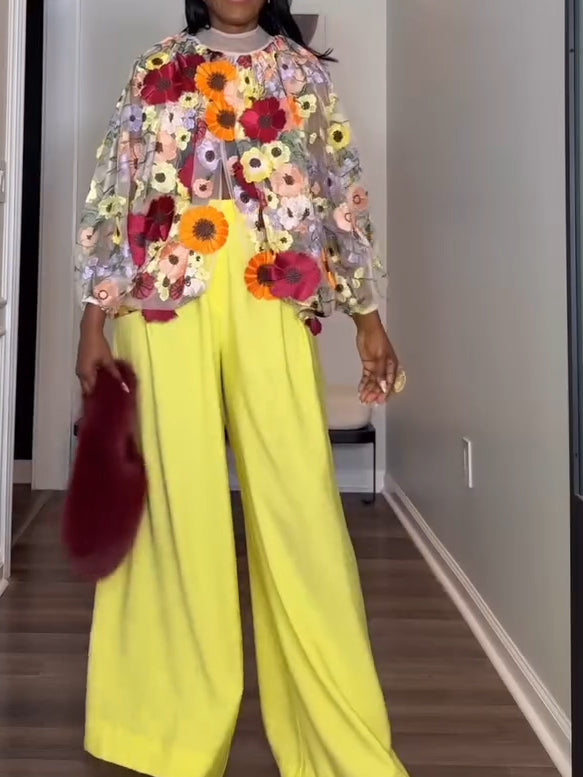 Fashion Bat Sleeve Artificial Flower Top And Jeans