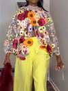 Fashion Bat Sleeve Artificial Flower Top And Jeans