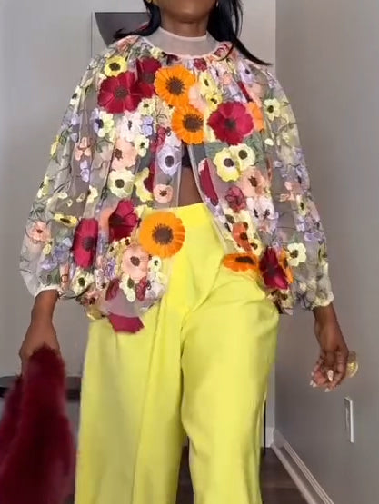 Fashion Bat Sleeve Artificial Flower Top And Jeans