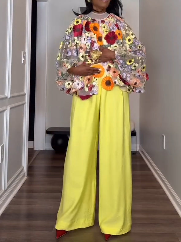 Fashion Bat Sleeve Artificial Flower Top And Jeans