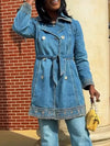 Casual Lapel Embroidered Mid Length Coat + Slit Hem Jeans Suit
