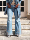 Casual Lapel Embroidered Mid Length Coat + Slit Hem Jeans Suit