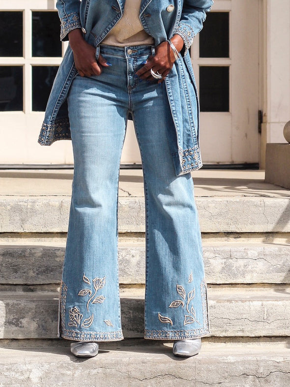 Casual Lapel Embroidered Mid Length Coat + Slit Hem Jeans Suit