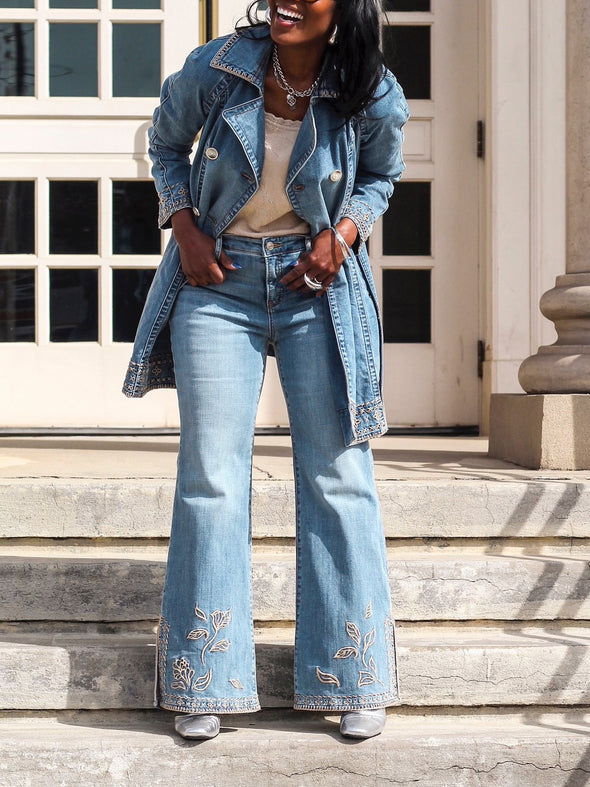 Casual Lapel Embroidered Mid Length Coat + Slit Hem Jeans Suit