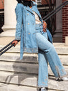 Casual Lapel Embroidered Mid Length Coat + Slit Hem Jeans Suit