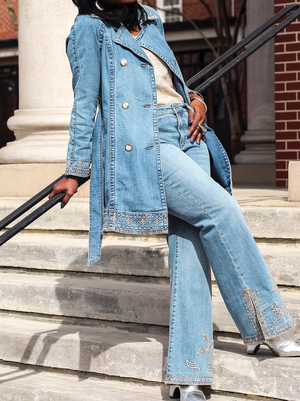 Casual Lapel Embroidered Mid Length Coat + Slit Hem Jeans Suit