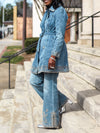 Casual Lapel Embroidered Mid Length Coat + Slit Hem Jeans Suit