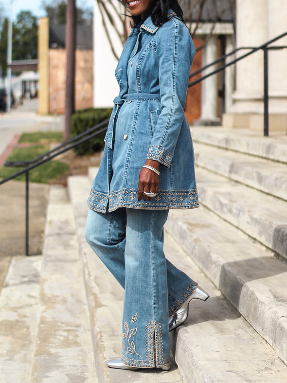 Casual Lapel Embroidered Mid Length Coat + Slit Hem Jeans Suit