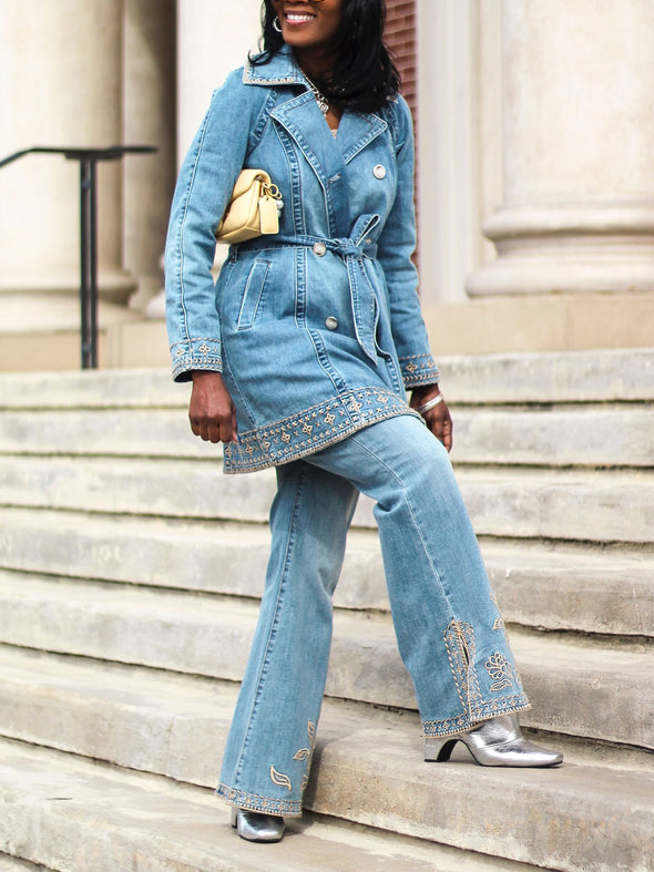 Casual Lapel Embroidered Mid Length Coat + Slit Hem Jeans Suit