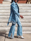 Casual Lapel Embroidered Mid Length Coat + Slit Hem Jeans Suit