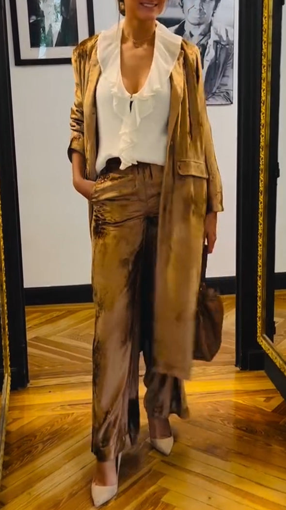 Women Lapel Cardigan + Pants Casual Suit