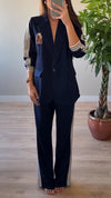 Women Lapel Printed Vertical Striped Jacket + Pants Temperament Commuter Suit