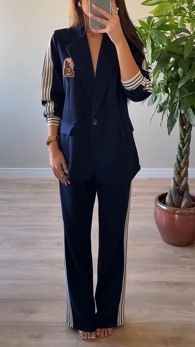 Women Lapel Printed Vertical Striped Jacket + Pants Temperament Commuter Suit
