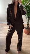 Women Lapel Printed Vertical Striped Jacket + Pants Temperament Commuter Suit