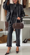 Women Lapel Leather Jacket + Pants Temperament Casual Suit
