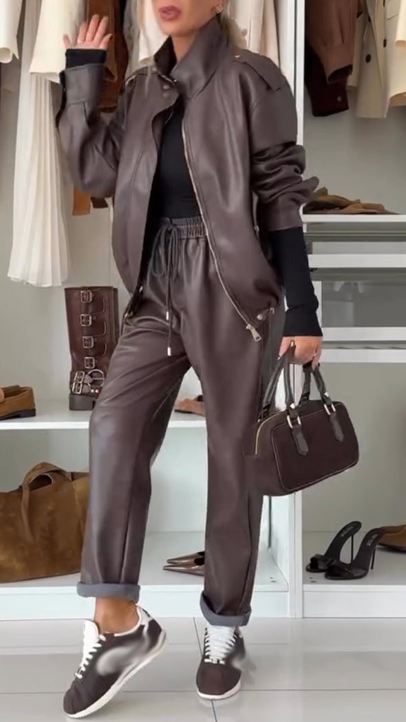 Women Lapel Leather Jacket + Pants Temperament Casual Suit