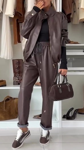 Women Lapel Leather Jacket + Pants Temperament Casual Suit