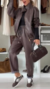 Women Lapel Leather Jacket + Pants Temperament Casual Suit