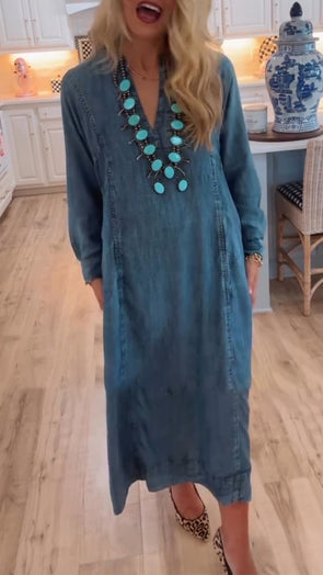 Women V-neck Spliced casual Denim Dress