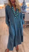 Women V-neck Spliced casual Denim Dress