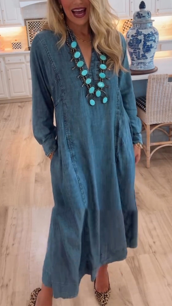 Women V-neck Spliced casual Denim Dress