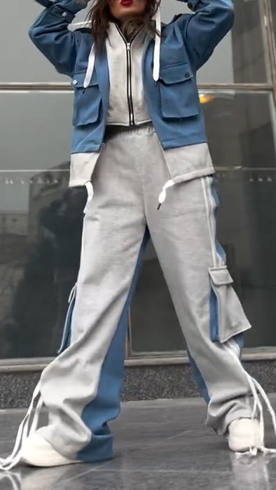 Womens Round Neck Zipper Hooded Patchwork Fake Two-piece Top + Pants Casual Suit