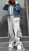 Womens Round Neck Zipper Hooded Patchwork Fake Two-piece Top + Pants Casual Suit