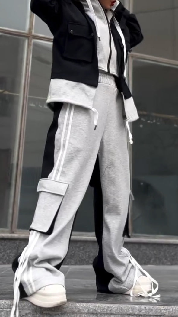 Womens Round Neck Zipper Hooded Patchwork Fake Two-piece Top + Pants Casual Suit