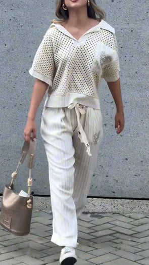 Women Lapel Printed Hollow Top + Pants Casual Suit