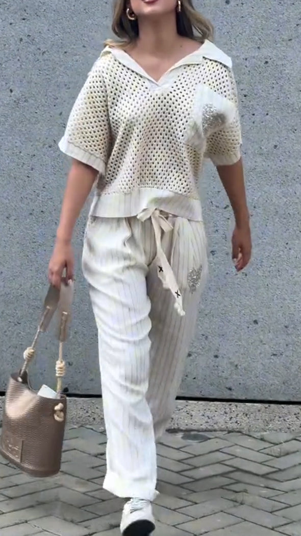 Women Lapel Printed Hollow Top + Pants Casual Suit