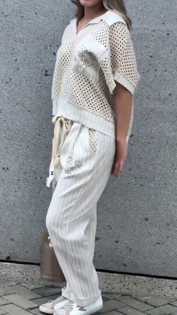 Women Lapel Printed Hollow Top + Pants Casual Suit