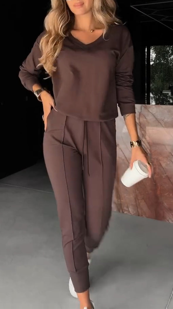 Ladies Round Neck Solid Color Casual Suit