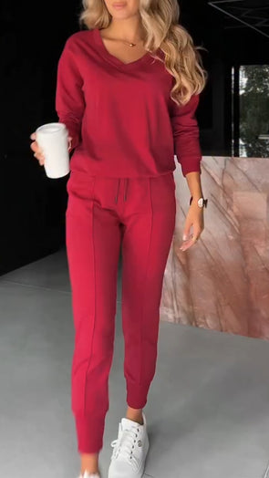 Ladies Round Neck Solid Color Casual Suit