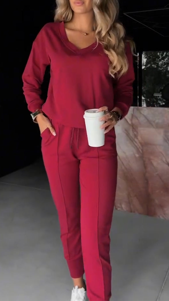 Ladies Round Neck Solid Color Casual Suit