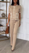 Women Round-neck Button-down Top + Pants Casual Suit