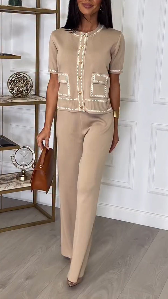 Women Round-neck Button-down Top + Pants Casual Suit