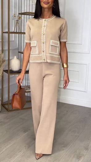 Women Round-neck Button-down Top + Pants Casual Suit