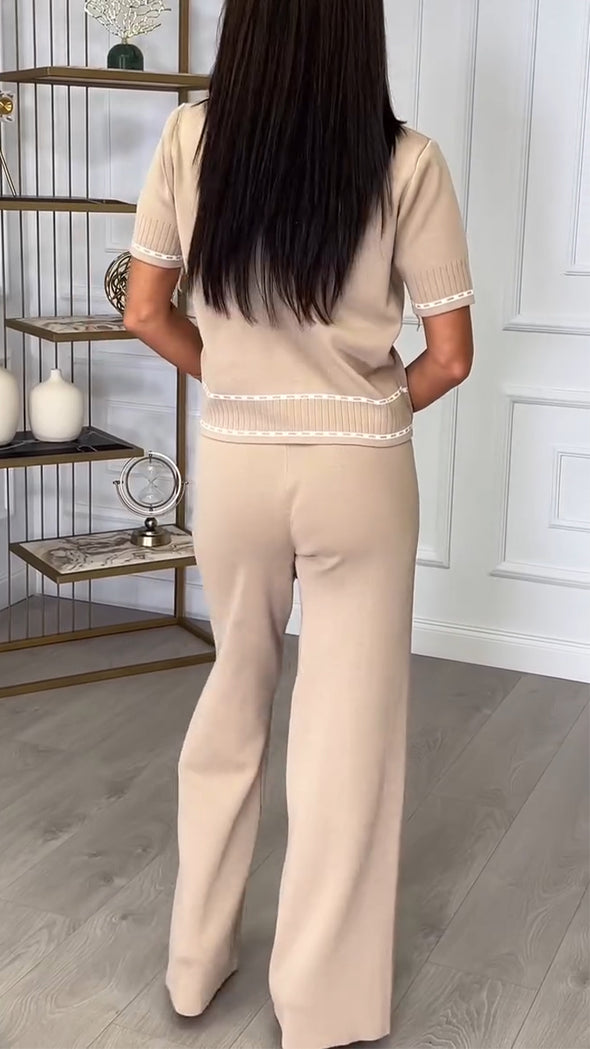 Women Round-neck Button-down Top + Pants Casual Suit