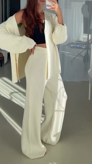 Women Cardigan + Pants Solid Color Casual Suit
