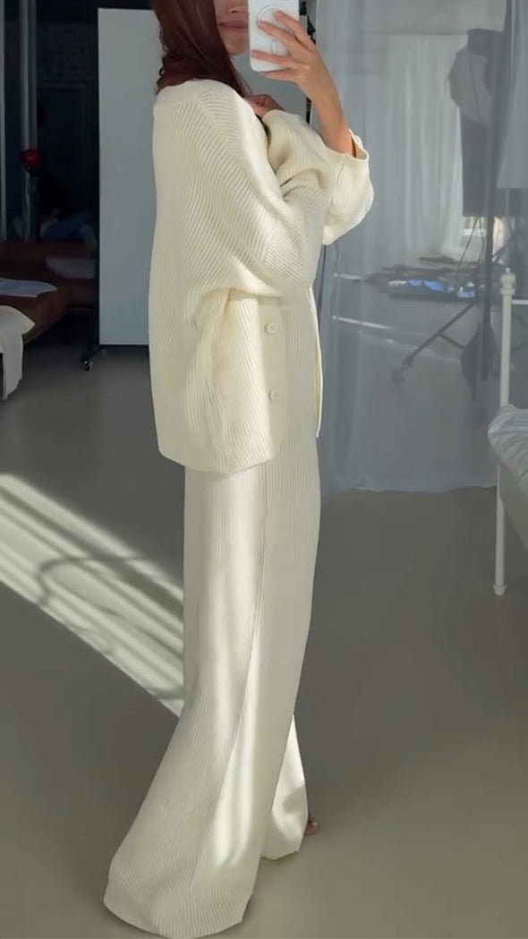 Women Cardigan + Pants Solid Color Casual Suit