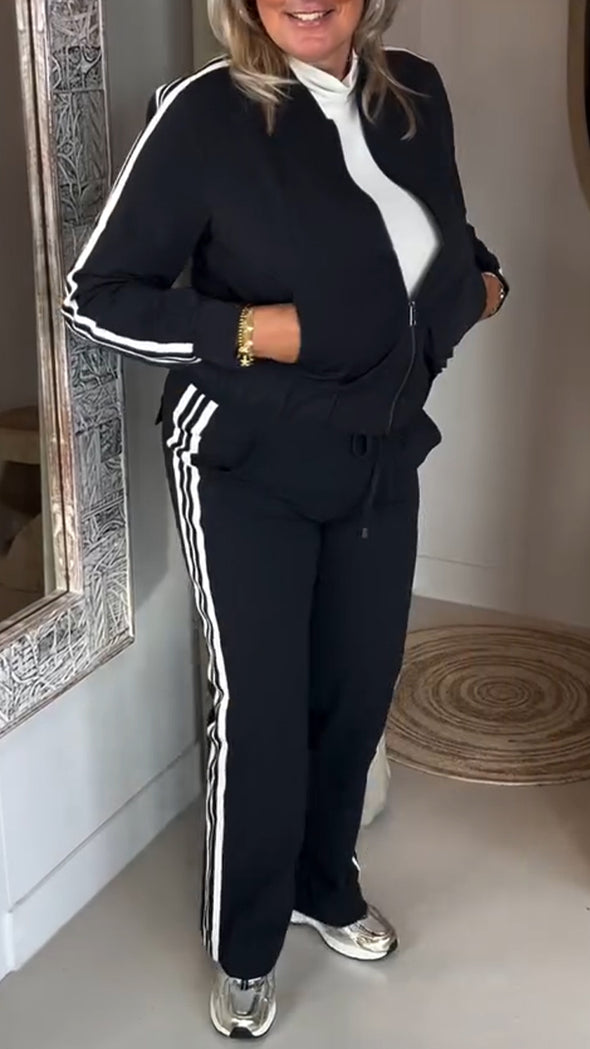 Women Lapel Vertical Striped Jacket + Pants Commuter Suit