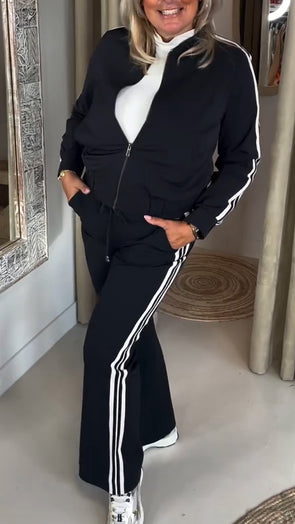 Women Lapel Vertical Striped Jacket + Pants Commuter Suit