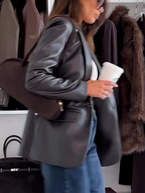 Women Lapel Leather Casual Jacket