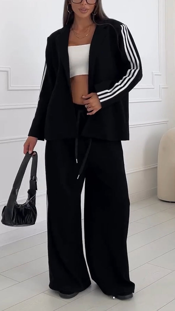 Women Lapel Vertical Striped Jacket + Pants Casual Suit