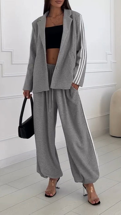 Women Lapel Vertical Striped Jacket + Pants Casual Suit